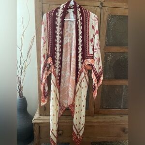 Free People Cream and Burgundy Patterned Boho Kimono